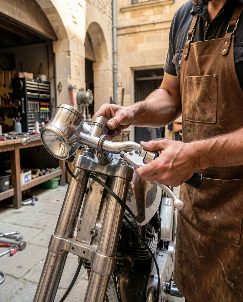 Artisan mécanicien ajustant un guidon customisé