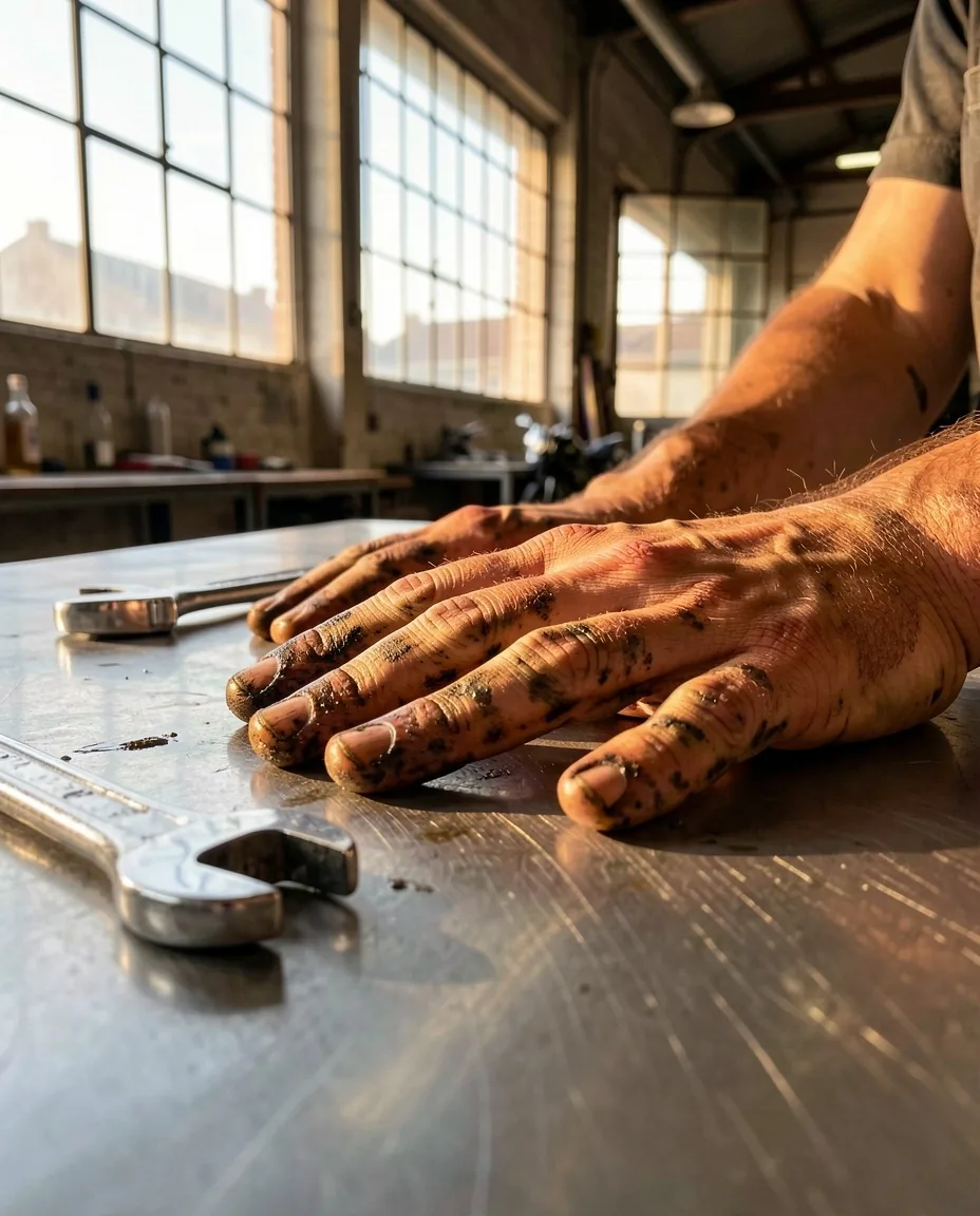 Mains d'artisan mécanicien et outillage